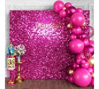 Qcity Hot Pink Shimmer Wall Backdrop 36PCS, Black Back Not See-Through Design, Square Sequin Glitter Backdrop Panel, Perfect for Outdoor Events, Birthdays, Wedding and Party Decoration