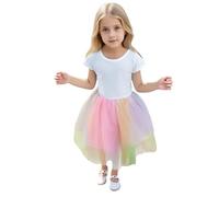Qcjqsy Girls Dresses Kids Short Sleeves Summer Dresses Crew Neck Rainbow Tulle Tutu Cotton Dress Solid Color A-Line Casual Clothing Birthday Party School Princess Outfit for Age 2-10 Years