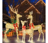 QCLUEU 3 Piece Reindeer Family Deer Lighting, Lighted Glitter Christmas Deer Family Holiday Decoration, 3D Outdoor Christmas Reindeer Yard Decoration with Warm White LED Lights