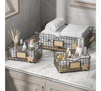 Qcold Bathroom Tray Organizers and Storage, 3 Pack Storage Baskets with Wooden Handles, Multipurpose for Bathroom, Coffee Bar, Kitchen cabinet, Living Room - Grey