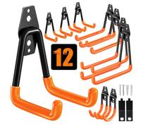 QcoQce 12 Pack Heavy Duty Garage Hooks with Extension Cord Straps, Wall Mount Hooks, Garage Organization and Tool Hangers for Bike, Ladder, Ropes and Garden Tools (Orange)