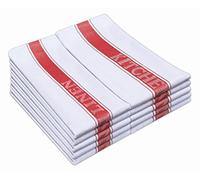 QCS Chef Classic Kitchen Towels, 100% Pure Cotton Dish Drying Towels, Extra Large Dish Cloths 50.80cm x 76.20cm (20" x 30") White with Blue, Green or Red Catering Kitchen Linen Stripe (6-Pack, Red)