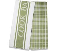 QCS Home - Vintage Herringbone Stripe Pattern and Check Weave Tea Towels Set, 100% Ring Spun Cotton, Super Absorbent and Premium Construction Kitchen Dish Cloth 50 x 76 cm (Sage Jacquard, 4)