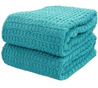 QCS Kitchen Dish Tea Towel -100% Cotton Cloth - Soft Highly Absorbent for Cleaning & Quick Drying Terry Waffle Weave Towelling Kitchen Hand Towels - Machine Washable - 71 x 41 cm (2, Aqua Waffle)