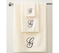 QCS Personalised Embroidered 3 Piece Towel Set in Brown Script 100% Cotton 600 GSM 1 Bath Towels, 1 Hand Towels and 1 Guest Towels (IvoryBrown 'G')