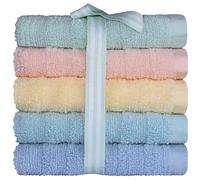 QCS Towels - Face Cloths - 33 x 33 cm - 100% Zero Twist Cotton - Light and Absorbent Quick Drying Washcloths for Gym, Hotel, and Spa - Flannel Ribbed Design (5, Yellow, Mint, Blue, Peach, Green)