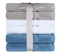 QCS Towels - Face Cloths - 33 x 33 cm - 100% Zero Twist Cotton - Lightweight and Highly Absorbent Quick Drying Washcloths for Gym, Hotel, and Spa - Flannel (Brown, White, Blue, 6)