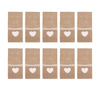 Qcwwy 10pcs Jute Lace Cutlery Holder Burlap Pouch, White Heart Pattern Pocket for Wedding Christmas Party Decor (Love tableware bags)