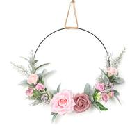 Qcwwy Artificial Floral Wreath Rainproof (Pink Rose Black Iron Ring) | rainproof artificial floral wreath for outdoor doors Rainproof Spring Rose Design 15.75 Inch Silk Flowers Outdoor Easter