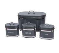 Qcwwy Bread Bin with Coffee Canisters 3-Piece Metal Kitchen Storage Set with Airtight Lids and Clear Labels for Sugar Tea Coffee Countertop Organization (Grey)