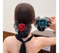 Qcwwy Hair Clip Barrette with Net Hair Snoods Chignon Hair Bun Cover Bow Knot Decor Stylish Design Elegant Black Floral Easy to Use for Women Workplace School Graduations (Black)