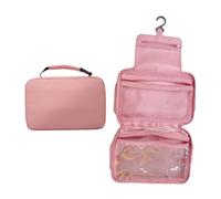 Qcwwy Hanging Toiletry Bag, Oxford Fabric Make Up Skincare Pouch with 3 Compartments 180 Degree Open Water Proof Large Capacity Cosmetic Bag for Travel Women Men 9.45x6.3x3.54in (Pink)