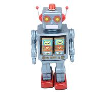Qcwwy Retro Metal Robot Toy, Electric Rotating, Tinplate, Kids Gift (Blue) | Walks on Two D Batteries, 360 Degree Upper Body , Chest Gun Sound, Handmade Nostalgic Look, Resistant