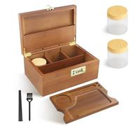 QCXWCJWD Bamboo Box with Combination Lock, Wooden Storage Set 2 Jars +Brush + Storage Tube Rolling Tray, Wooden Storage Box for Herbs and Accessories (Brown)