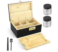 QCXWCJWD Bamboo Box with Combination Lock, Wooden Storage Set 2 Jars +Brush + Storage Tube Rolling Tray, Wooden Storage Box for Herbs and Accessories (Black)