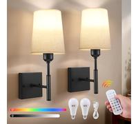QCXWCJWD Battery Operated Wall Sconce Set of 2, Wireless Wall Lights with Beige Fabric Shade, Rechargeable LED Wall Lamp, Vintage Indoor Dimmable Wall Light, Not Hardwired Fixture(Black)