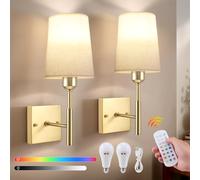 QCXWCJWD Battery Operated Wall Sconce Set of 2, Wireless Wall Lights with Beige Fabric Shade, Rechargeable LED Wall Lamp, Vintage Indoor Dimmable Wall Light, Not Hardwired Fixture(Gold)
