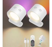 QCXWCJWD LED Wall Light Indoor, 2Pcs Rechargeable Battery Wall Lamps with RGB Remote and Touch Control, Magnetic Bedside Lamp Wall Lights, 360° Rotatable Dimmable Wall Sconces for Bedroom Living Room