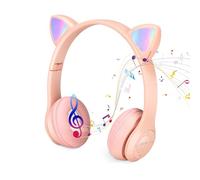 QCXWCJWD Wireless Over Ear Kids Headphones, Foldable Bluetooth Kids Headset with Microphone, LED Light Cat Ear Headphones for Girls Boys (Pink)