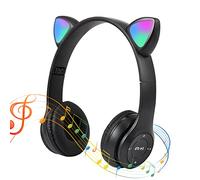 QCXWCJWD Wireless Over Ear Kids Headphones, Foldable Bluetooth Kids Headset with Microphone, LED Light Cat Ear Headphones for Girls Boys (Black)