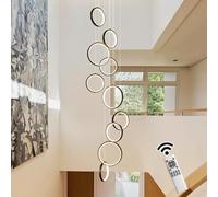 Qcyuui 100W LED Staircase Chandelier, 10-Ring Black Dimmable Pendant Light