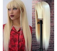QD-Tizer #613 Blonde Long Straight Synthetic Hair Wigs with Bangs Women's Costume Wig Heat Resistant Hair Replacement Wig