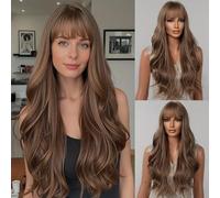 QD-Tizer Long Brown Wigs with Bangs 26 Inches Curly Wavy Wig for Women Brown Mixed Blonde Highlights Auburn Brown Body Wave Ready To Go Glueless Synthetic Bang Wig For Women
