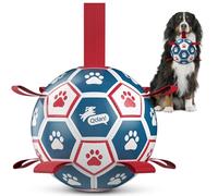 QDAN Extra Large Soccer Ball with Straps, Interactive Dog Toys for Tug of War, Puppy Birthday & Water Toy, Large Dog Balls - Blue & Red (9 Inch)
