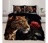 QDJKBL 3D Cheetah Comforter Cover Red Rose Leopard Duvet Cover Luxury Floral Wildlife Bedding Set King Duvet Covers Elegant Nature-Inspired Comforter Set for Bedroom