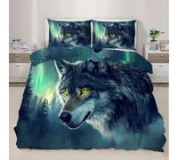 QDJKBL 3D Wolf Duvet Cover Aurora Forest Animal Quilt Cover Fantasy Wildlife Comforter Set Double Duvet Covers Misty Natural Forest Bedding Set With Zipper Closure for Bedroom