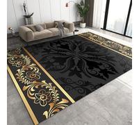 QDJKBL Area Rugs 180 x 270 cm Black Gold Bohemian Flowers, Retro Symmetrical Ethnic Florals Rugs for Living Room, Washable Rug Comfortable Feet Machine Washable for Office Family and Pet