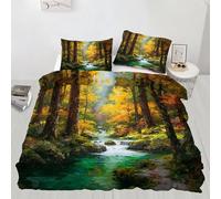 QDJKBL Autumn Forest Stream Duvet Cover Scenic River Trees Comforter Set King Duvet Covers Oil Painting Nature Bedding Set 3D Nature Comforter Cover for Bedroom