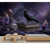QDJKBL Black Crow Human Skull Wallpaper Dark Fantasy Landscape Mural 3D Occult Mural With Raven Candle Element for Modern Interiors Hd Printing Murals for Bedroom Living Room 250 x 175 cm