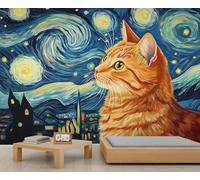 QDJKBL Blue Starry Sky Wallpaper Oil Painting Starry Sky Mural Retro European Village Mural Orange Cat Murals Cute Cartoon Cat Wallpaper for Living Room Bedroom 400 x 280 cm