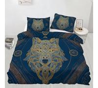 QDJKBL Celtic Viking Wolf Duvet Cover Set Navy Blue Gold Wolf Head Bedding Covers Super King Duvet Covers Norse Mythology Comforter Cover for Bedroom Decor With Zipper Closure