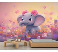 QDJKBL Cute Elephant Mural Daisy Flower Field Mural Wild Elephant Murals Fantasy Cartoon Animal Wallpaper Kids' Room Decor Murals No Foaming Wallpaper for Living Room Bedroom 500 x 317 cm
