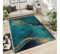 QDJKBL Emerald Green Turquoise Marble Washable Rug Luxury Gold Plated Curved Stripes Rugs for Living Room Bedroom Rug Soft Feel Easy to Clean Fine Fluff for Kitchen Dining Room 160 x 200 cm