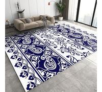 QDJKBL Entrance Rug 60 x 120 cm Chinese Tile Flower Print Area Rugs, Navy Blue White Boho Runner Rug, Entrance Carpet Non-Shedding Easy Cleaning for Teen Room Decor Dining Room Office