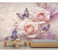 QDJKBL European Relief Rose Wallpaper Butterfly Floral Mural 3D Pink Rose Purple Butterfly Wall Mural Retro Plant Floral Wallpaper for Bedroom Living Room Murals Hd Printing 450 x 305 cm
