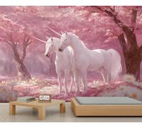 QDJKBL Fantasy Animal Murals White Horse Mural Romantic Floral Forest Animal Wallpaper Pink Cherry Blossom Forest Mural for Bedroom Living Room 200 x 140 cm