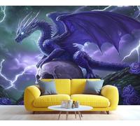 QDJKBL Fantasy Dragon Mural Western Dragon Wallpaper Mythical Creatures Mural Purple Rose Floral Skull Murals Dark Fantasy Animal Wallpaper for Bedroom Dining Room 200 x 140 cm
