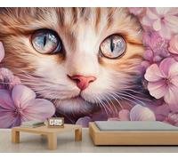 QDJKBL Fantasy Floral Kitten Mural 3D Cute Cat Mural Cartoon Cat Wallpaper Vintage Floral Animal Murals Children's Cartoon Animal Murals for Living Room Bedroom 400 x 280 cm