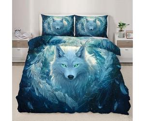 QDJKBL Fantasy Wolf Duvet Set White Ice Wolf Duvet Cover Mystical Wildlife Bedding Set Super King Duvet Covers Game-Themed Cartoon Animal Comforter Cover for Bedroom