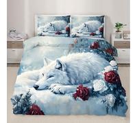 QDJKBL Floral Wolf Duvet Cover White Wolf Comforter Cover Fantasy Wildlife Comforter Set Double Duvet Covers Romantic Rose Floral Bedding Set for Bedroom Livingroom