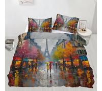 QDJKBL French City Duvet Cover Paris Eiffel tower Bedding Set Double Duvet Covers Rainy Day Street Reflection Comforter Cover Autumn Tree City Landscape Comforter Set for Bedroom