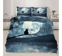 QDJKBL Full Moon Starry Night Sky Bedding Sets Single Size Black Cat Duvet Cover Set Starry Sky Lake Comforter Sets for Bedroom Guest Room Dormitory