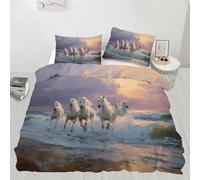 QDJKBL Galloping Horse Duvet Cover 3D Wild Horse Bedding Cover Single Duvet Covers Oil Painting Animal Bedding Set Sunset Ocean Landscape Comforter Set for Bedroom