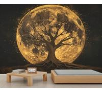 QDJKBL Golden Full Moon Mural Mystical Night Sky Mural Wallpaper Brown Dead Tree Murals Abstract Tree of Life Wallpaper for Living Room Bedroom 200 x 140 cm