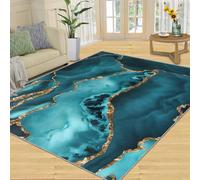 QDJKBL Green Emerald Turquoise Marble Texture, Washable Rug 150 X 200 Cm Gilded Curved Stripes Ink Background Lounge Rug, Non-Slip Mat Fast Drying for Home Decor