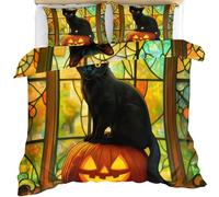 QDJKBL Halloween Black Cat Duvet Cover Spooky Pumpkin Lantern Bedding Set Stained Glass Gothic Bedding Cover Double Duvet Covers Cute Animal Quilt Bed Set for Bedroom